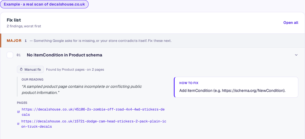StoreVerifier fix list for decalshouse.co.uk: the first finding opened, with our reading, the pages it was found on, and how to fix it
